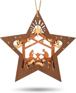 Nativity Scene Ornaments, Christmas Wooden Hanging Ornament Star Shaped Nativity Scene Keepsake for Xmas Tree, the Birth of Jesus Decoration, Religious Gift for Family Friends and Christian