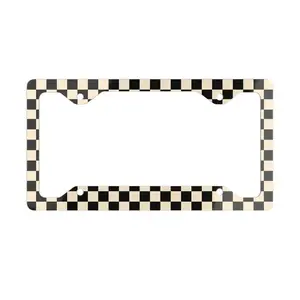 Grunge Checkerboard License Plate Frame - Retro Off-White & Black Car Decor