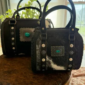Black and white Handbag with Turquoise Accent and Silver Studs