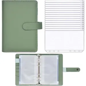 15 count A6 Binder Pockets with PU Leather Notebook Binder Cover Refillable 6 Round Ring Binder Set for Personal Planner Organizer, Budget Binder, Savings Binder (Olive Green)