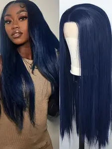 Dark Blue Synthetic Straight Lace Front Wig 13×4 Lace Natural Hairline Heat Resistant Synthetic Fiber Hair suitable for Women Men Use Cosplay Party Wear with Deep Blue Hair Synthetic Material Wigs