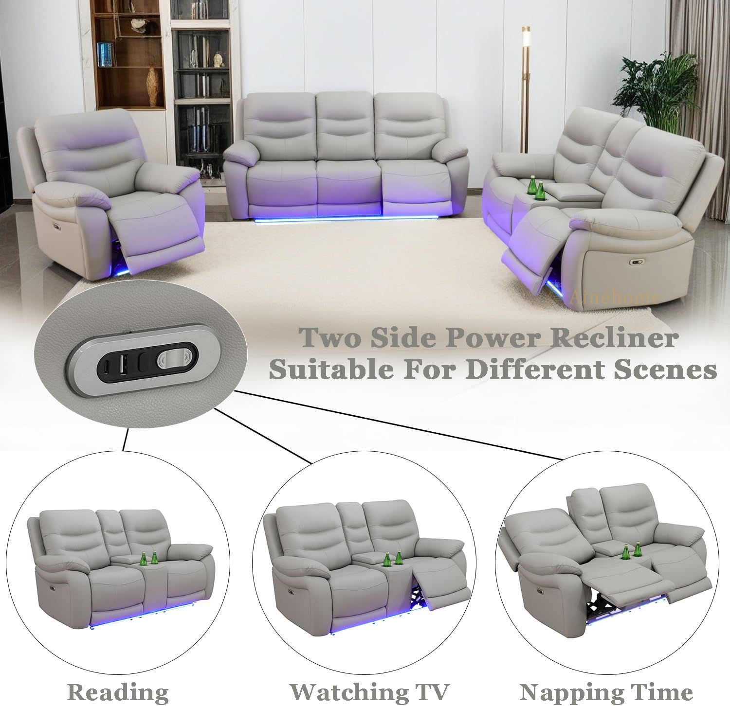 Leather Power Recliner Sofa Set with LED Lights, USB Ports, Storage Console & Cup Holders, Luxury Living Room Indoor Furniture (Sofa, Loveseat, Chair)