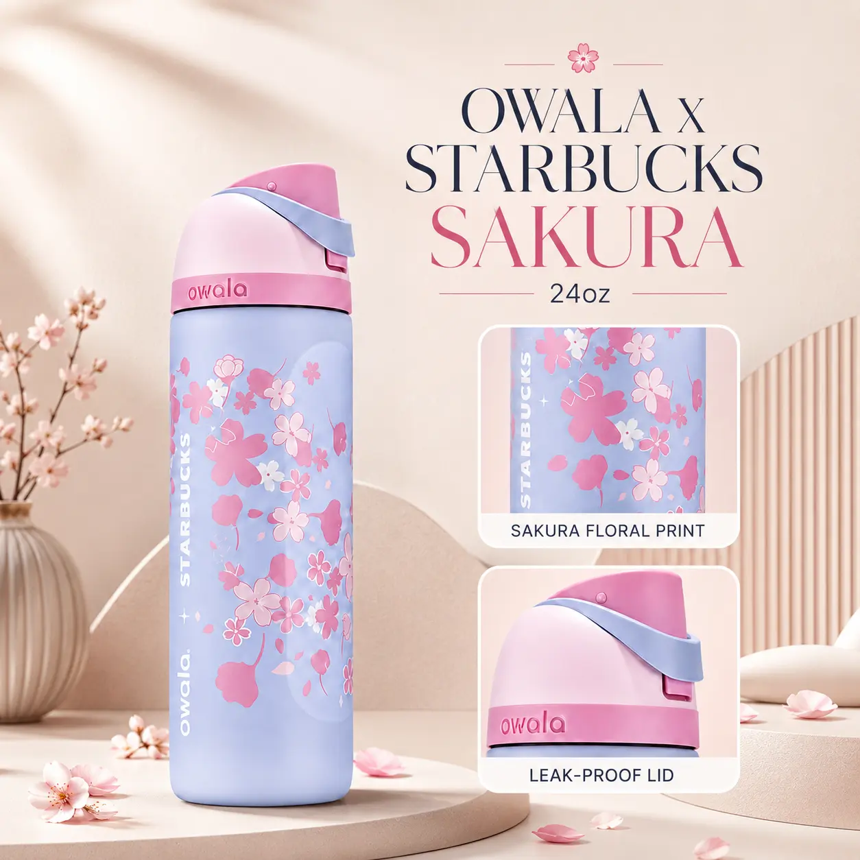 Owala x Starbucks Sakura 24oz FreeSip Water Bottle – Limited Edition Cherry Blossom Insulated Stainless Steel Bottle