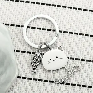 New Cat and Fish Stainless Steel Keychain — Cute Cartoon Cat Charm & Couples' Key Chain