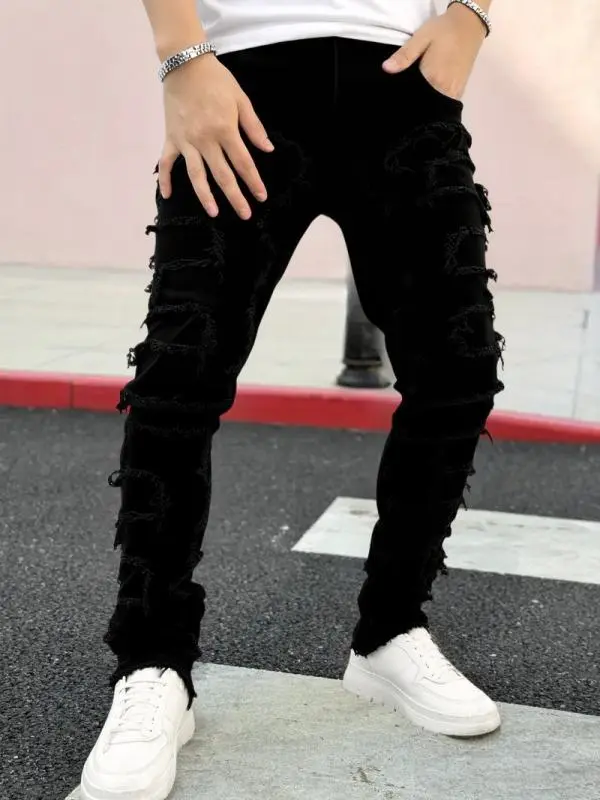 H006 Men Streetwear Heavy Frayed Patchwork Slim Stacked Jeans