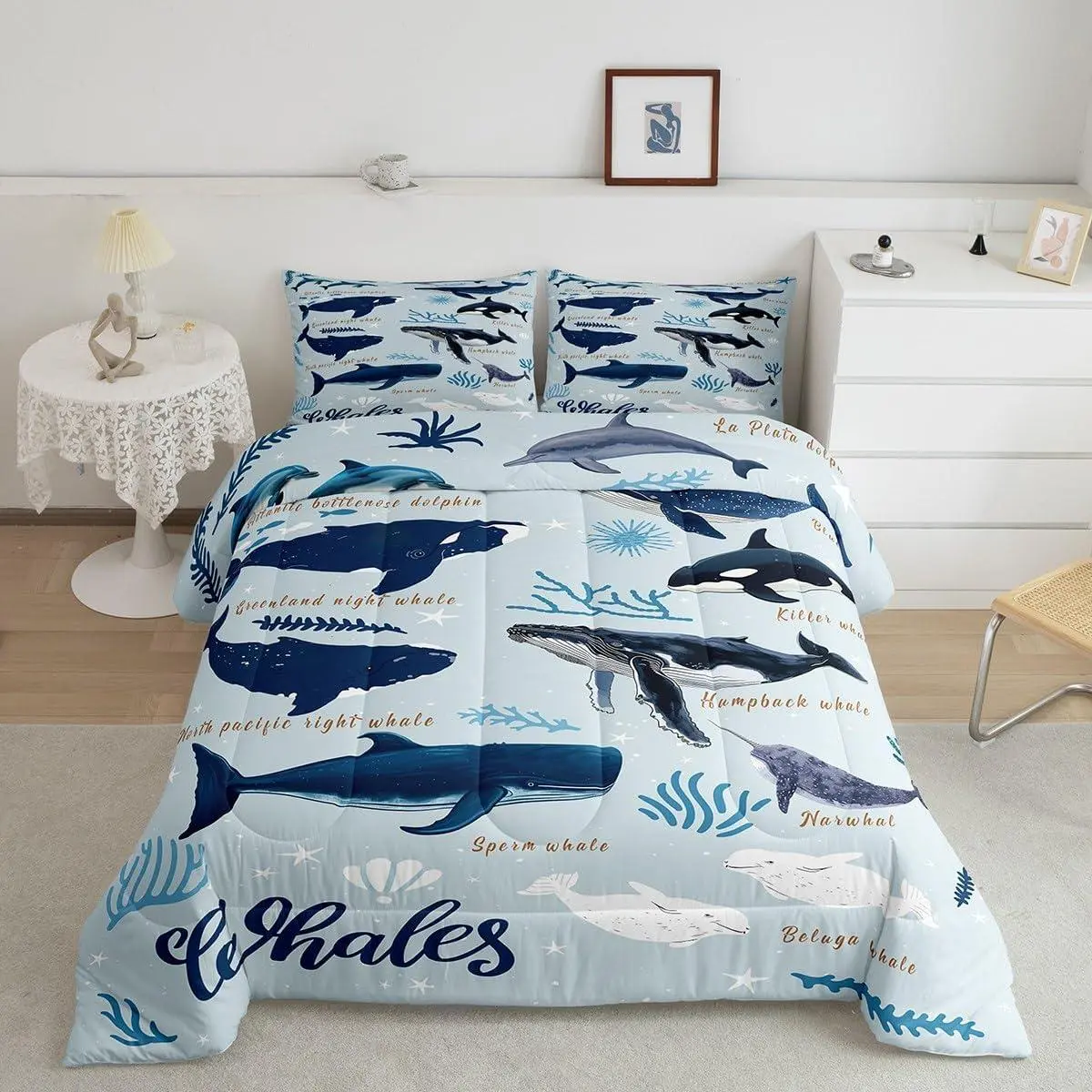 Feelyou Queen Coastal Ocean Animal Bedding Set - Kids Polyester Duvet with Whale, Seal, Dolphin, Sea Creatures Cartoon Pattern, Lightweight Warm Animal Blanket for Camping, Bedroom Decor, Multi-Size Options, Animal Blankets, Cartoon Pattern Blanket