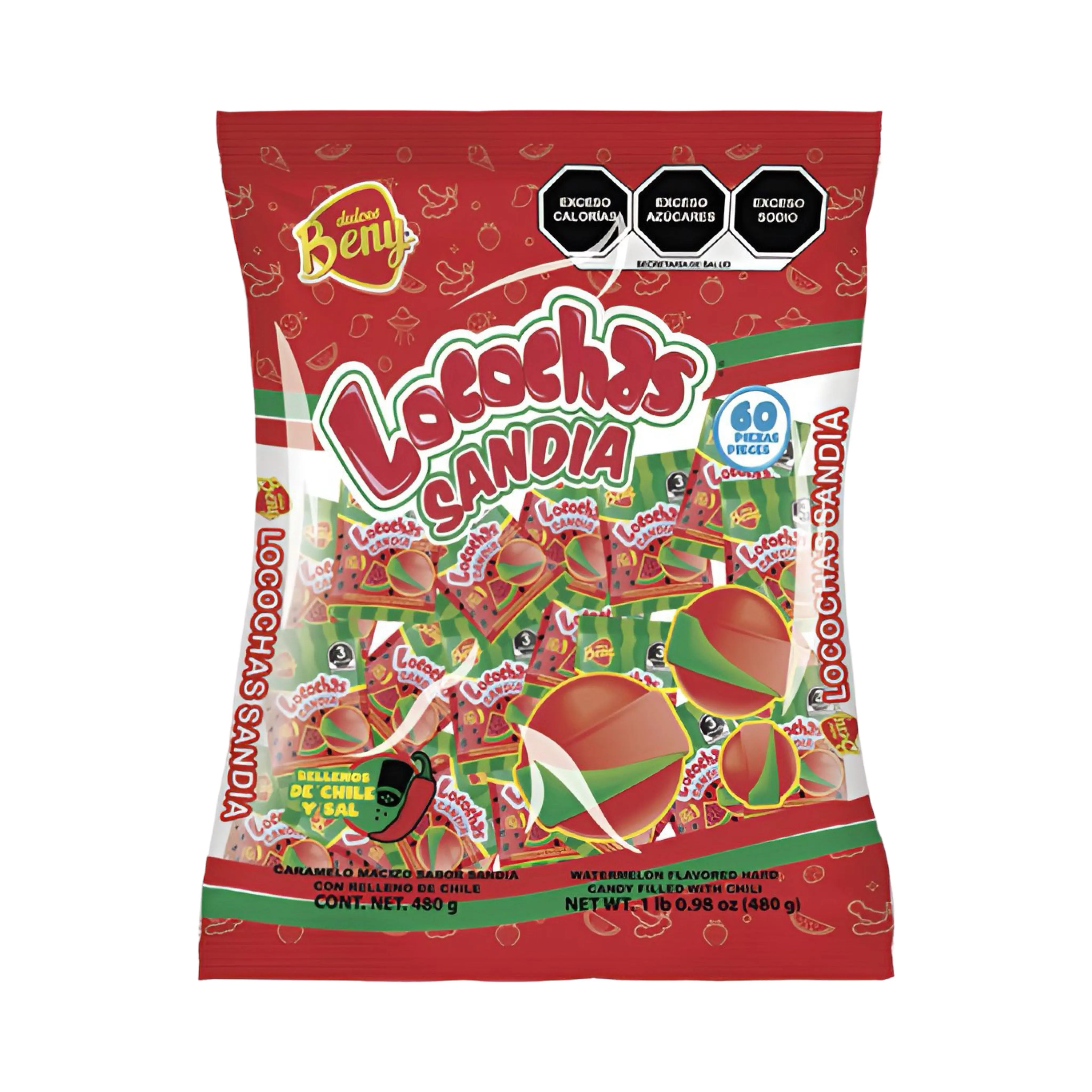Beny Locochas Sandia Mexican Chili Powder Center Hard Candy (60 Count) Mexican Candy Snack Sweet Candies Bonbon Watermelon, Dulces Mexicanos