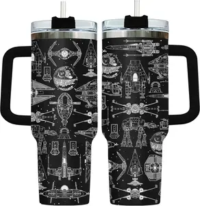 Galaxy Spaceship Tumbler 40oz with Handle and Straw - Sci-Fi Star Battle Travel Mug - Stainless Steel Insulated Cup for Men & Fans – Space Gift Idea for Movie Cinema Lovers