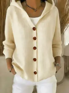 Women's Hooded Button Knit Cardigan, Soft Hood Design, Long Sleeve Open Front, Fit, Casual Elegant Versatile Basic Everyday for Spring Fall Winter, Knitwear, Womenswear