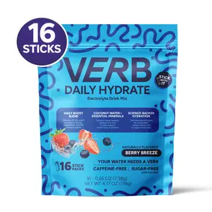 Verb Energy Daily Hydrate Electrolyte Drink Mix Berry Breeze Flavor Caffeine-Free Sugar-Free 16 Stick Packs Essential Minerals Science-Supported Hydration Dietary