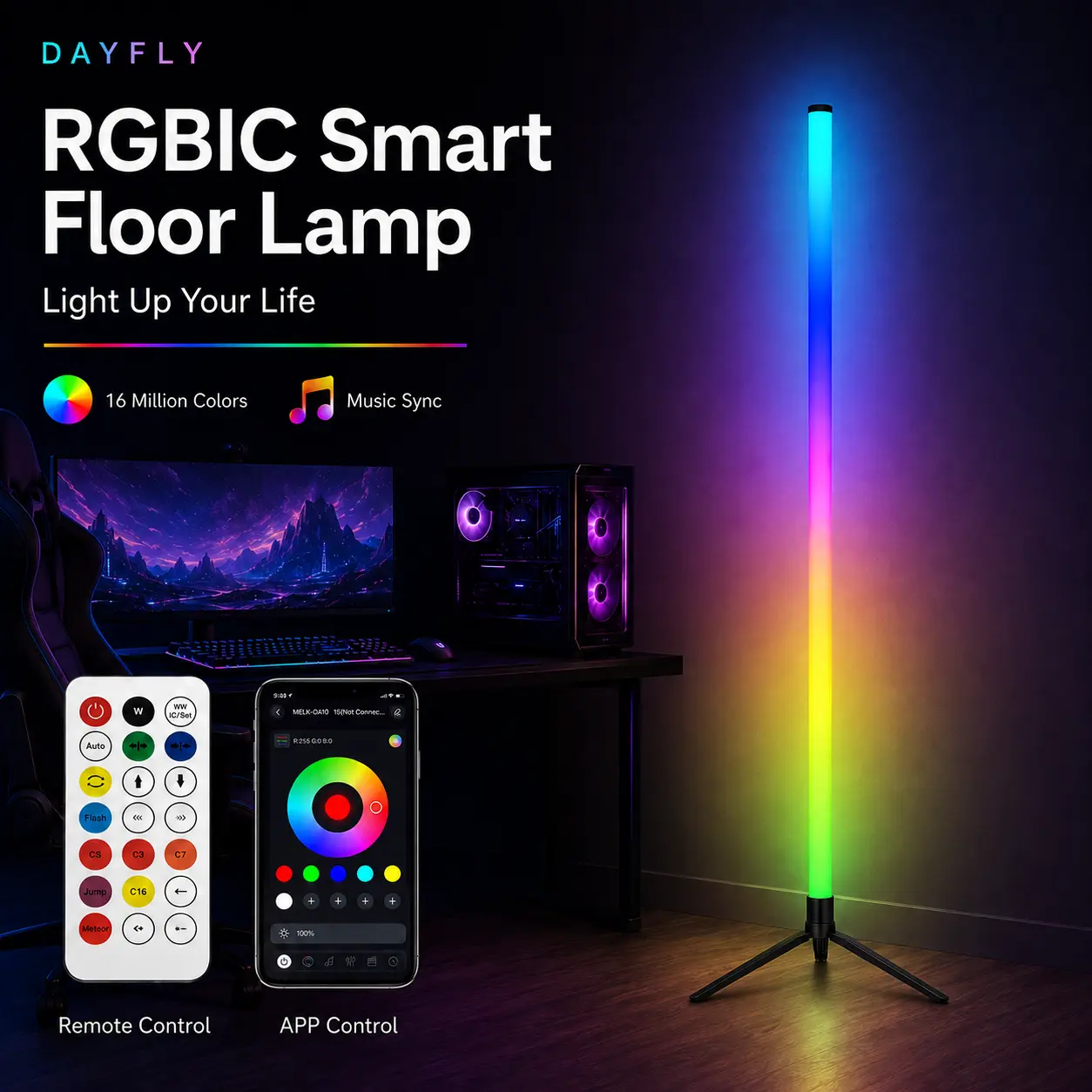 1PC/2PC RGB Smart Floor Lamp, USB Powered Color Changing LED Corner Light with Music Sync, App & Remote Control, Relaxation Smart Ambient Lighting for Bedroom, Room Decor,sohochic