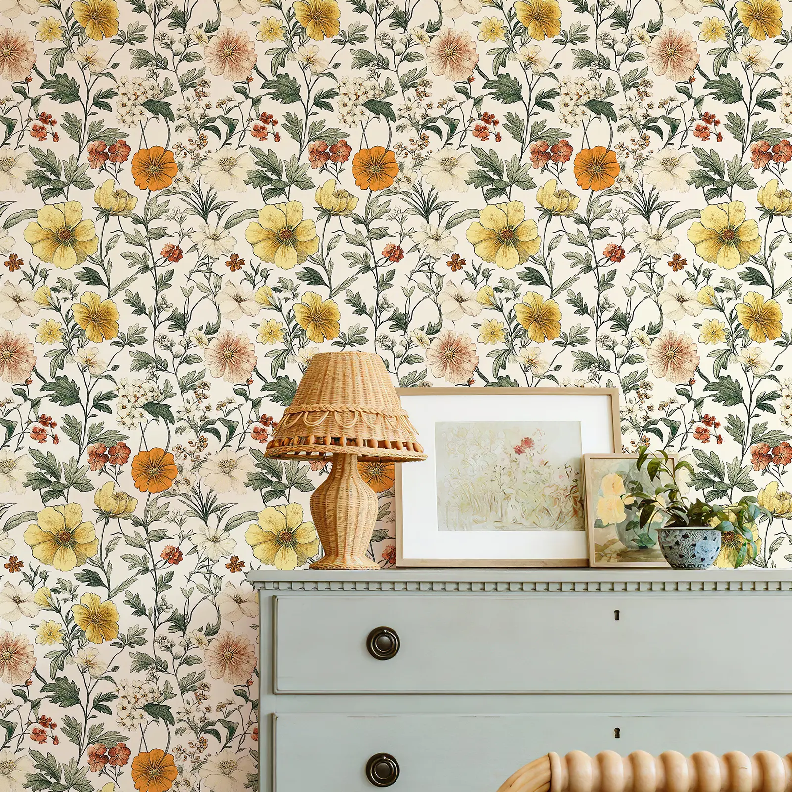 Wildflower Garden Peel and Stick Wallpaper, Removable Self Adhesive Yellow Floral Wall Paper for Bedroom Bathroom Closet Cabinet DIY Decor