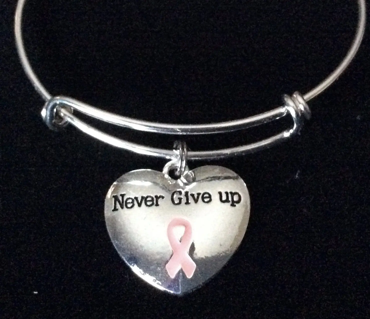 Never Give Up Pink Awareness Ribbon Heart Expandable Charm Bracelet Adjustable Bangle Meaningful Gift Breast Cancer