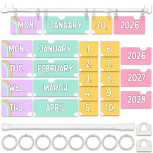 Bright Pastel Flip Calendar Bulletin Board Set, Calendar With 53 Date Cards For Classroom, Adjustable Rod 15.7"-27.6", 8 O-rings, Mounting Hooks, Teacher & Homeschool Decor, Years 2026 - 2028