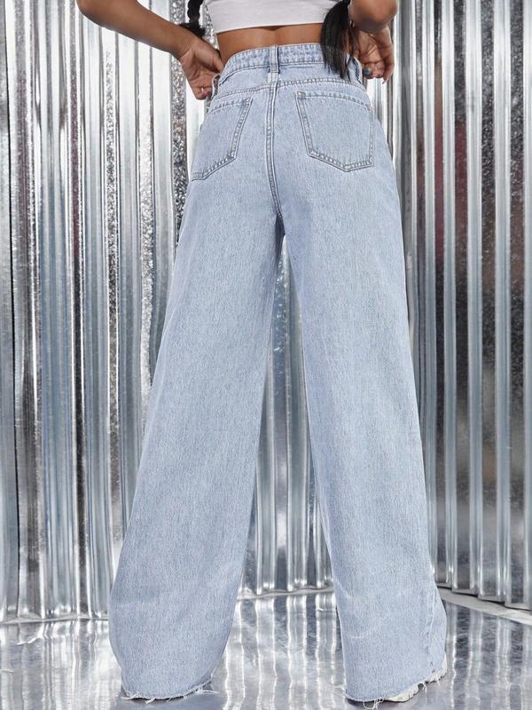 Women's Vintage Denim Jeans, Diagonal Button Design, Ultra-Long Straight Wide Leg, Casual Style, All Seasons Daily Wear