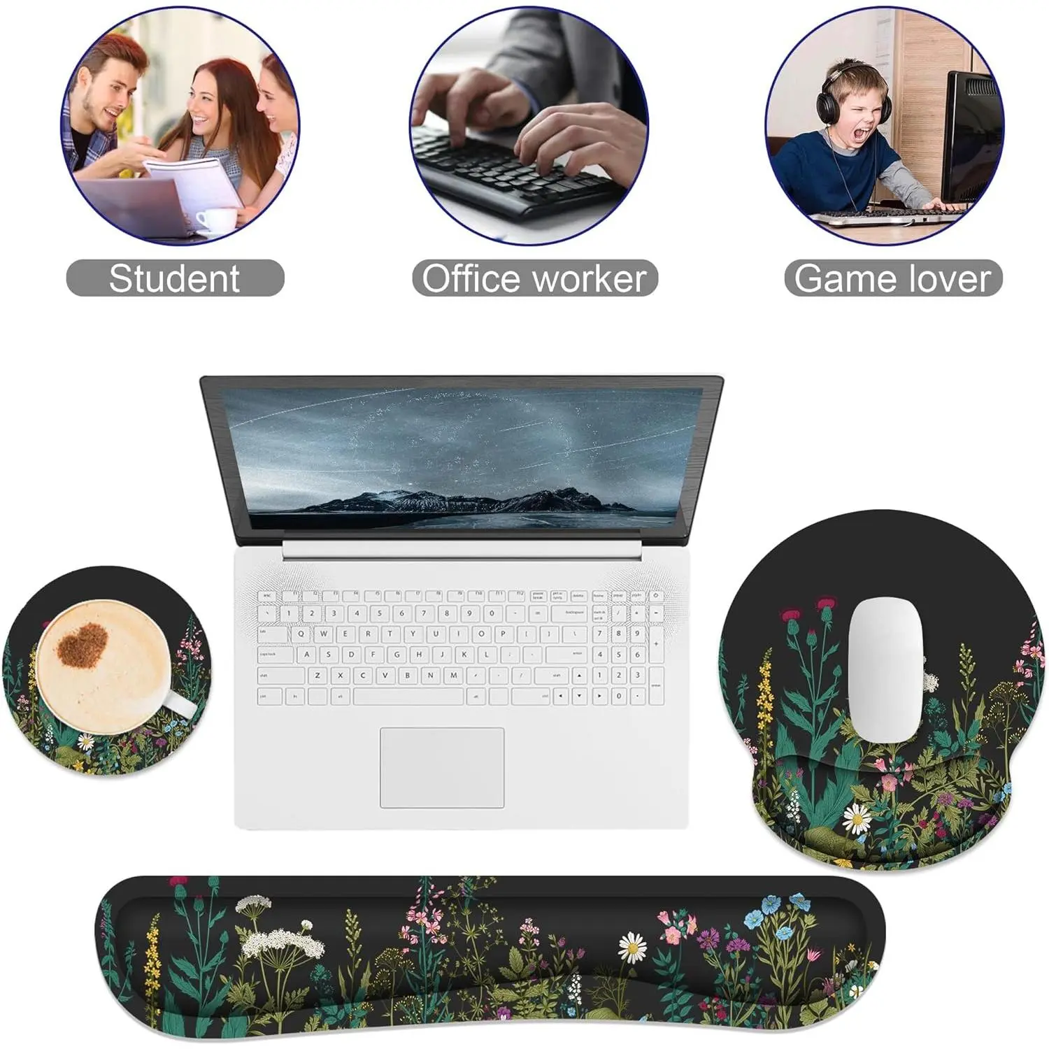 Ergonomic Mouse Pad with Wrist Rest & Keyboard Wrist Rest, Memory Foam Wrist Support for Easy Typing Pain Relief, Ideal for Gaming Office Laptop, Black Flower Ergonomic Mouse Pad with Wrist Rest & Keyboard Wrist Rest, Memory Foam Wrist Support for Easy Typing Pain Relief, Ideal for Gaming Office Laptop, Black Flower