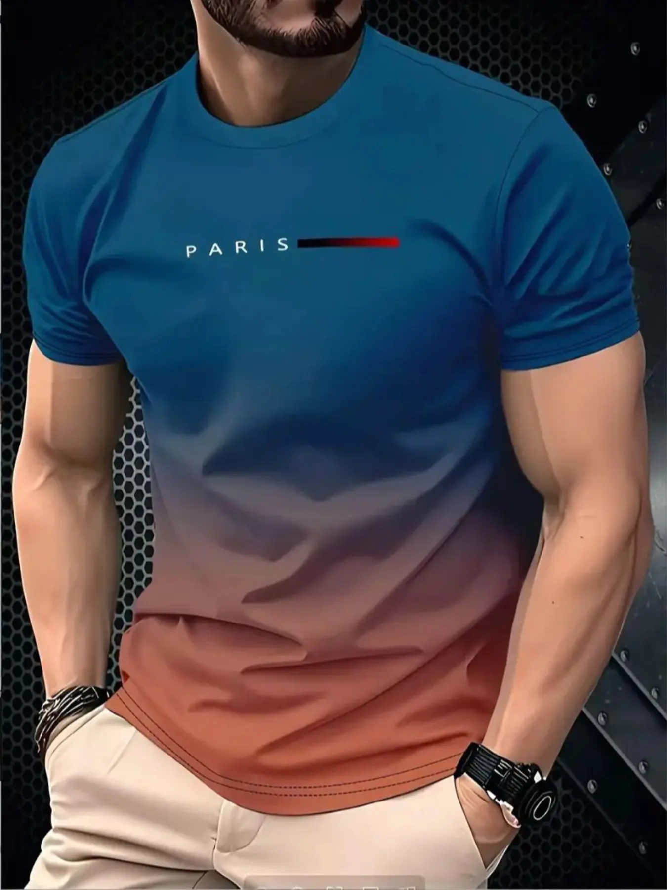 Men's Fashion Casual Comfy Streetwear T-Shirt, Menswear, Tee, 100% Polyester Fabric, Round Neck Crewneck Short Sleeve Ombre Gradient Design, & All-Season Fitted Comfort Fit Streetwear