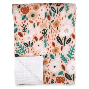 Orange & Teal Flower Garden Bamboo Cotton Waffle Blanket