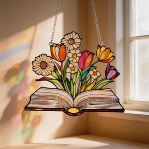 Stained Glass Book Suncatcher, Floral Book Lover Gift, Reading Nook Decor, Window Hanging Glass Art, Teacher Gift, Library Decor