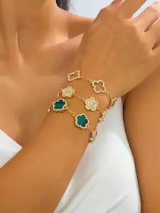Luxury High-End Lucky Sweetheart Rhinestone Clover Hollow Four Leaf Clover Women's Bracelet Set, Stackable/multi-Functional
