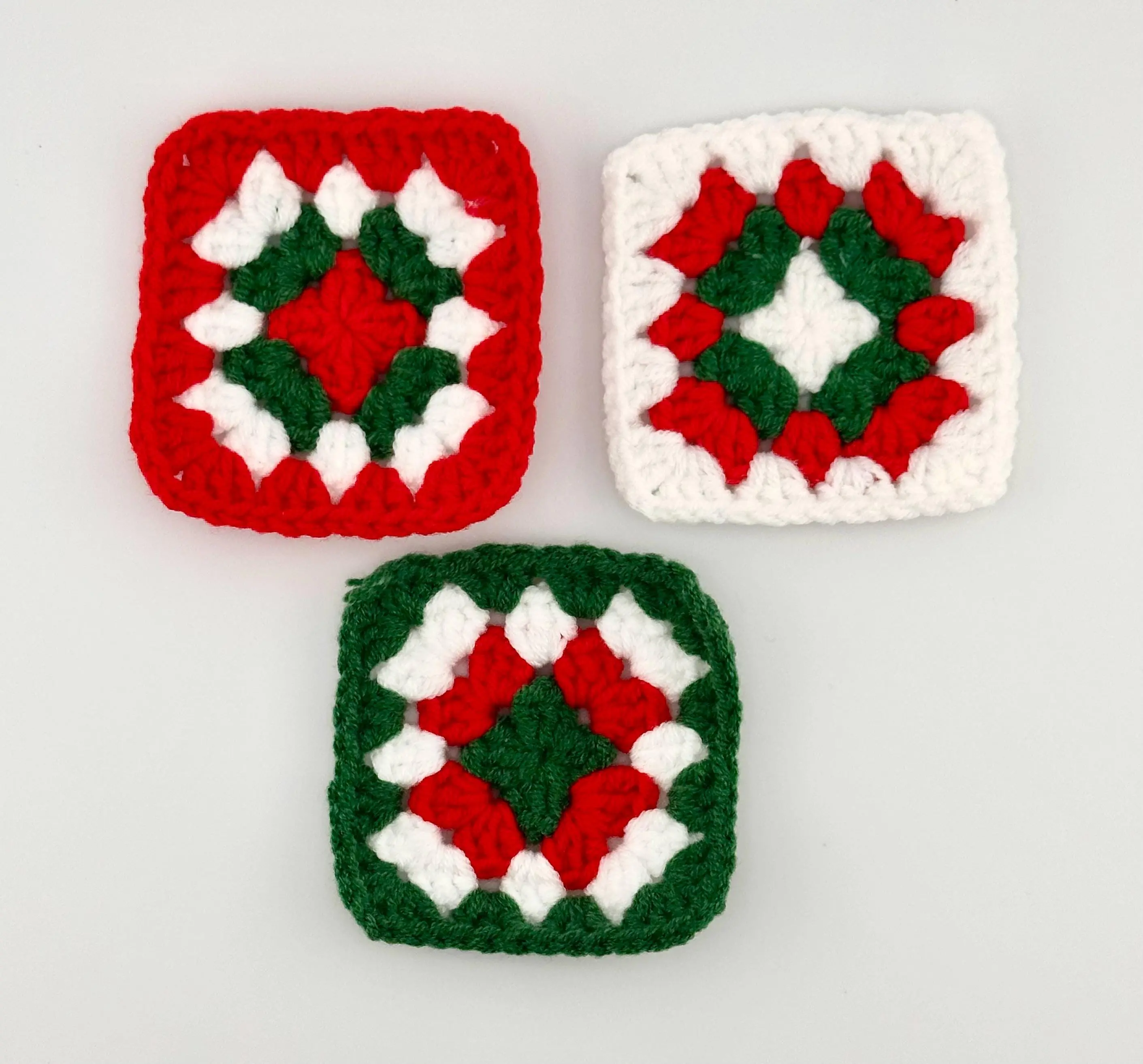 Christmas Crochet Granny Squares-Red Green White-Holiday Iron on patch option-handmade applique for hats, bags, shirts and more