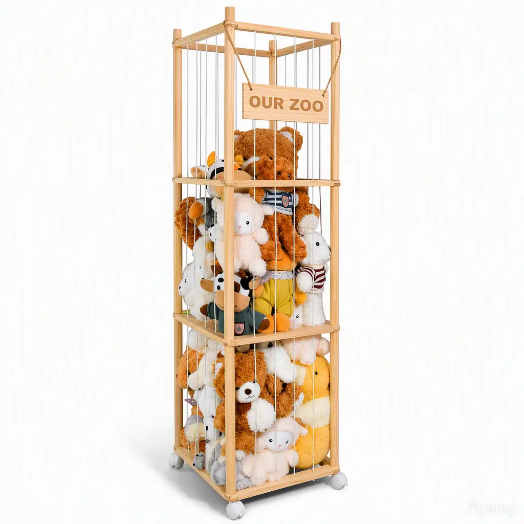 Extra Large Stuffed Animal Corner Rack, Wooden Storage Organizer for Plush Toys with Wheels and Elastic Cord for Baby Playrooms, Holds up to 250, Holds Up To 250 Plush Toys, Playroom Organizer, Room Storage, Corner Shelves, Plush Storage