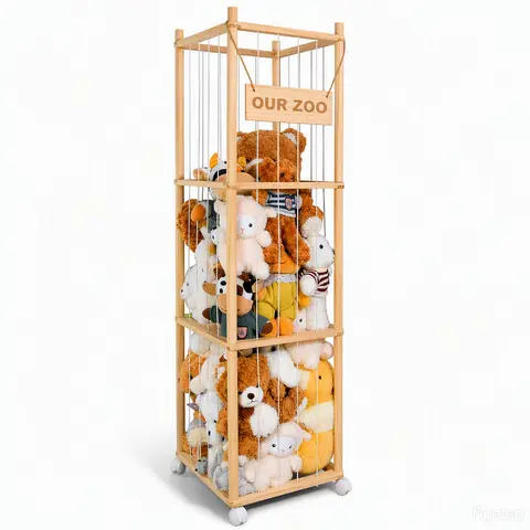 Extra Large Natural Wood Color Wooden Stuffed Animal Corner Rack - Baby Playroom Organizer with Wheels, Elastic Cord, Holds Up to 250 Plush Toys, Effortless Room Movement, Clutter-Free Storage Solution