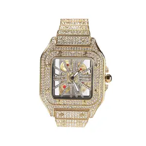 [ICE HUE]18K Gold Vacuum Plated Copper with 5A+ Sri Lanka Zircon Full Diamond Trend Square Watch Miami Italy Mexico & Micro Inspired for Women & Men Luxury Jewelry,Daily Wear,Casual Fashion,Gift Idea,Chicano,Classic,Hip Hop,Simple,Sporty Style Quartz Time