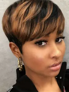 black brown burgundy blonde 1B30 color pixie cut short straight human hair wig machine made pixie wig daily party use human hair wig for women stylish gift wig Natural Looking Wigs