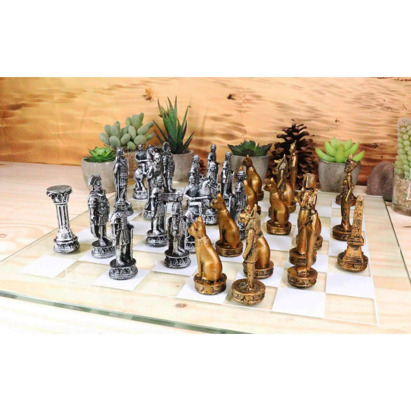 Ebros Kingdoms at War Egyptian VS Roman Army Resin Chess Pieces With Glass Board Set