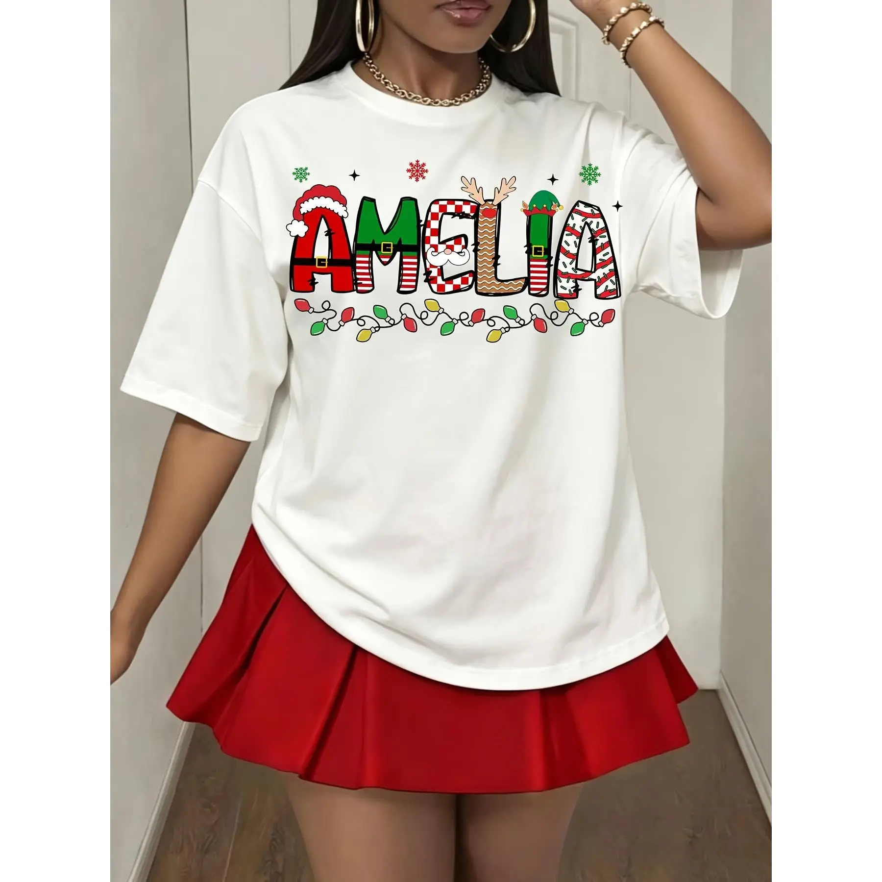 Women's Breathable Casual Cotton Christmas Personalized Name T-Shirt, Festive Holiday Graphic Top with Xmas Santa Reindeer