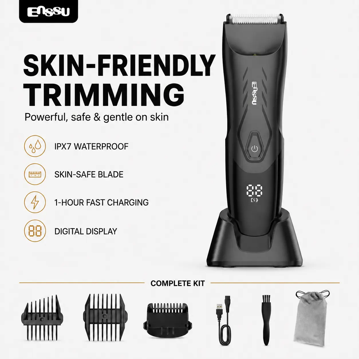 Enssu Men Body Hair Trimmer, Waterproof Electric Groin Hair Trimmer with Ceramic Blade, LED Power Display, Rechargeable Pubic Hair Shaver for Men Personal Grooming