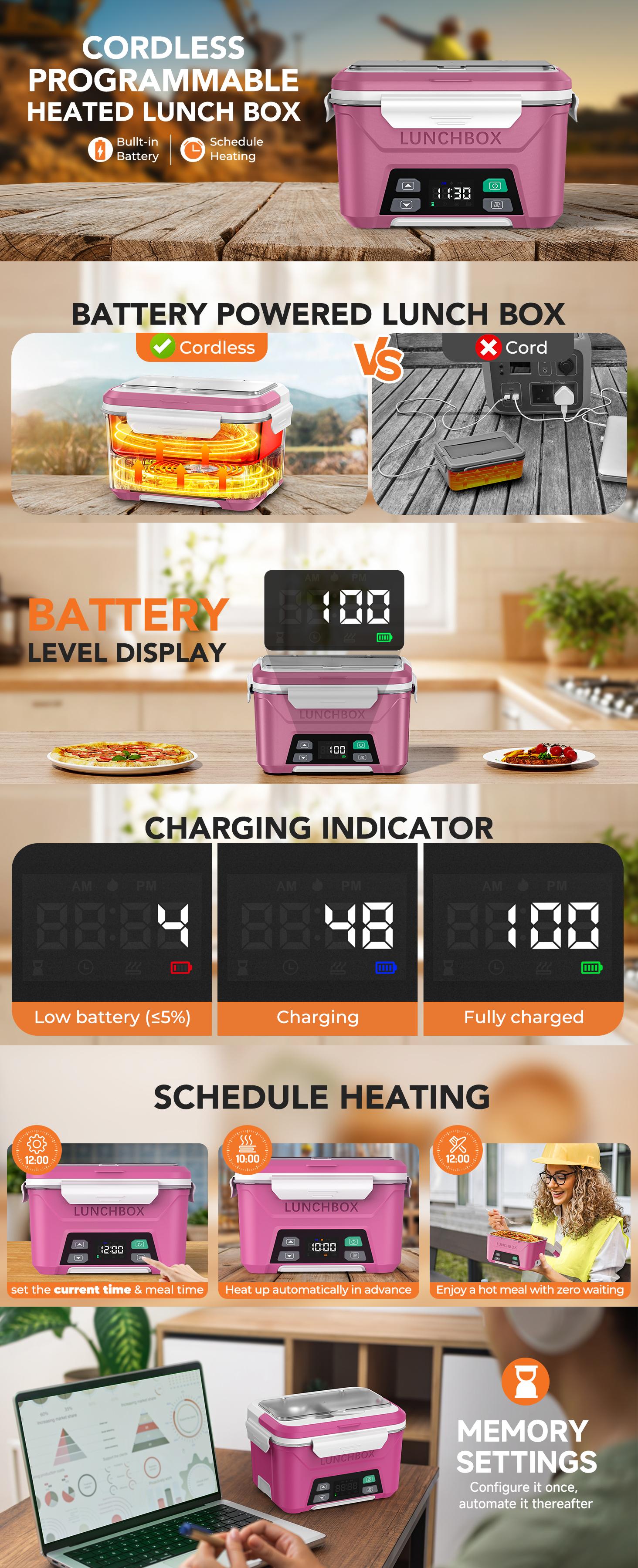 Docusvect Cordless Electric Lunch Box for Adults, Heated Lunch Box Battery Powered with Automatic Heating, 5.5 Cups Portable Food Warmer with Removable Tray Divider