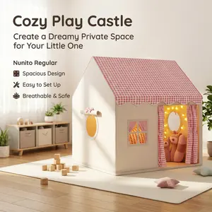 Checkered children's playhouse tent, spacious indoor play castle made of breathable fabric, with a sturdy frame and decorative lights, suitable for children.