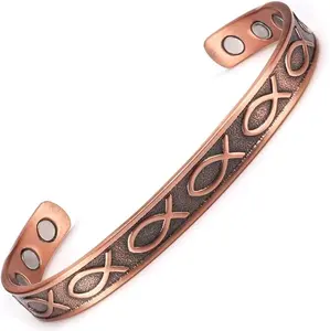 Copper Fish Symbol Cuff Bracelet Open Design Adjustable Fit Women Men