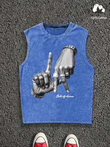 Men's Letter Print Denim-Effect Print Tank Top, Regular Fit Casual Sleeveless Round Neck Top for Summer, Fashion Men's Clothes for Daily Wear, Socks, Cotton, Vest Tank Top