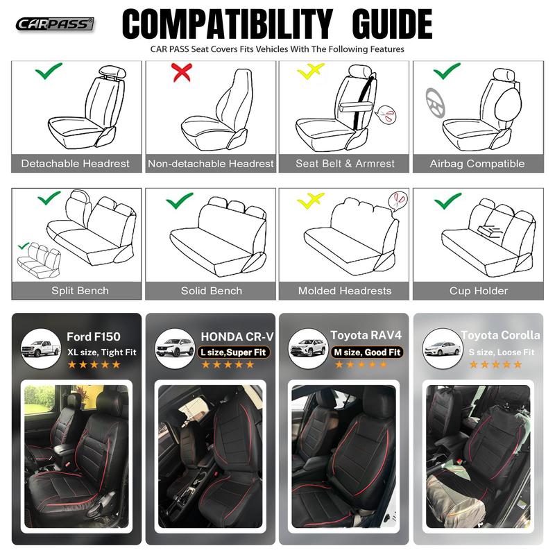 CAR PASS 2/5 seats Universal FIT Piping Leather Car Seat Cover, for suvs,Van,Trucks,Airbag Compatible,Inside Zipper Design and Reserved Opening Holes