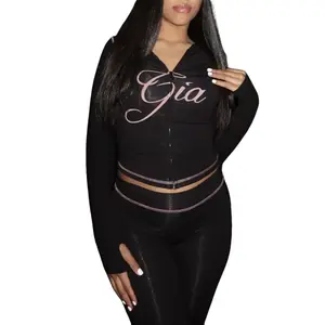 Ms. Gia Luxury Two-Piece Suit - Black Hooded Short Top and High-Waisted Tight Pants - Comfortable and Stylish Women's Clothing womens casual set outfits women