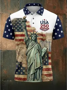 Usa 250th Anniversary Statue of Liberty Short Sleeve Polo Shirt, Vintage American Flag Patriotic Top, Ideal for Independence Day Celebrations