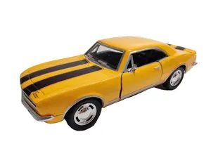 KINSMART 1967 Chevrolet Camaro 1:37 Scale Diecast Model Car - Yellow with Black Stripes, Pull Back Action, Openable Doors, Officially Licensed Collectible