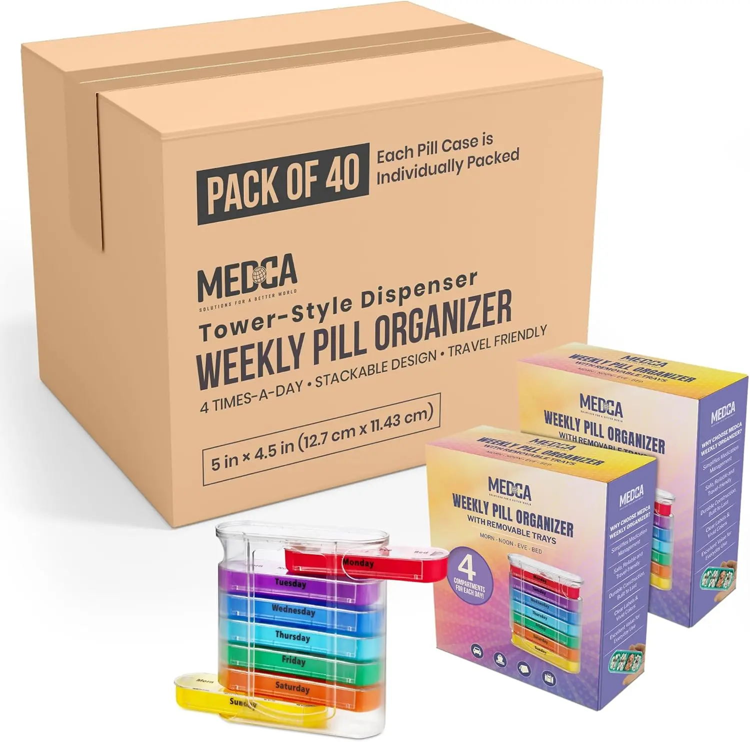 MEDca Weekly Pill Organizer - 4x Daily Medication Dispenser with Stackable AM/PM Compartments (Case of 40)
