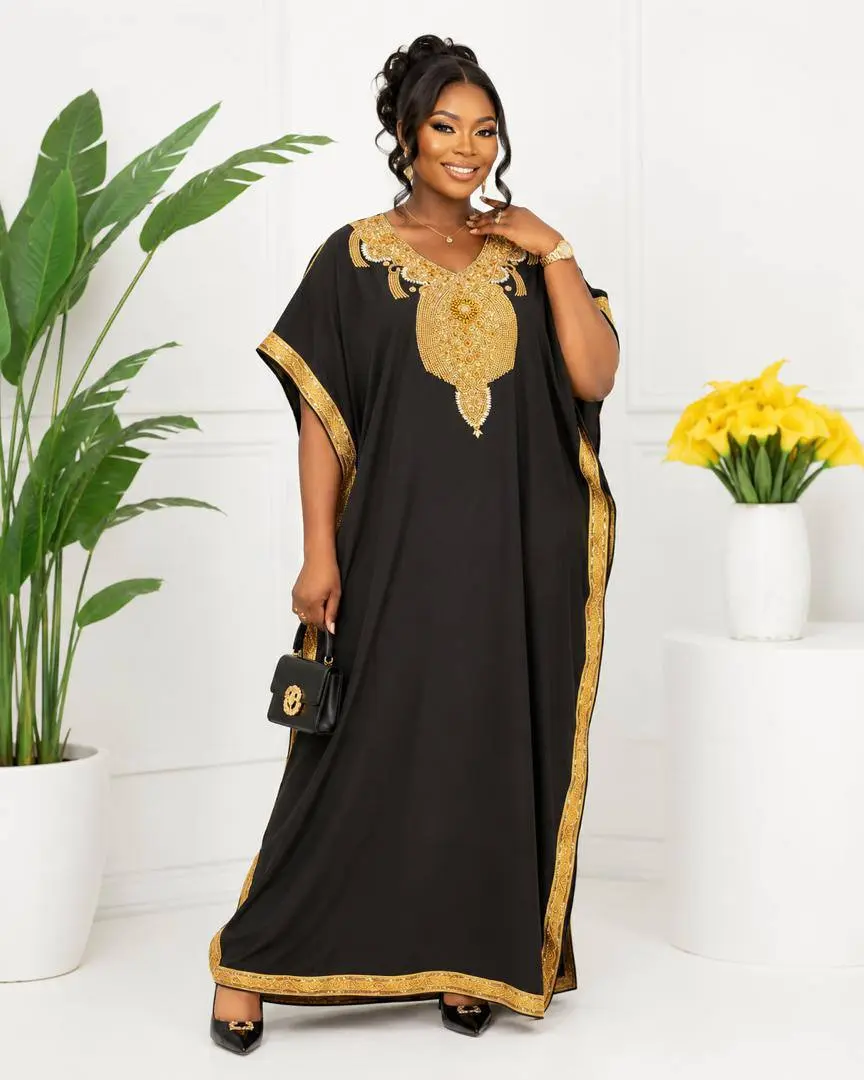 Women's Luxury Black Moroccan Kaftan, Elegant Gold Embroidered Maxi Abaya, Effortlessly Chic Breathable Fabric Modest Dress for Ramadan, Evening, Church