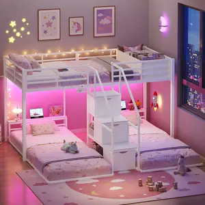 ADORNEVE Triple Bunk Bed with Storage Staircase, RGB Lights & Charging Station, Twin Over Twin, Heavy Duty Metal 3 Bunk Beds with Drawers & Headboard Shelf, Safety Guardrails, for Kids
