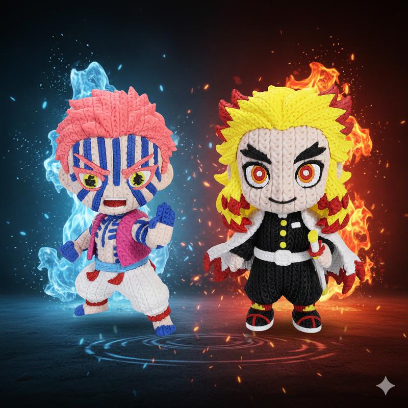 Demon Slayer Rengoku Chibi Action Figure Flame Warrior Anime Collectible with Unique Knitted Texture and Flame-Themed Hair