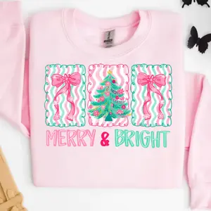 Girly Merry & Bright Pullover – Pink Christmas Bow and Festive Tree Graphic Sweatshirt – Soft Cozy Holiday Top for Women Men Gift Ideas