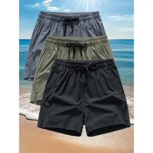 Men's Solid Color Quick Drying Swim Shorts, Regular Fit Casual Elastic Waist Beach Shorts, Summer Swimwear Bottoms for Men, Swimming Trunks