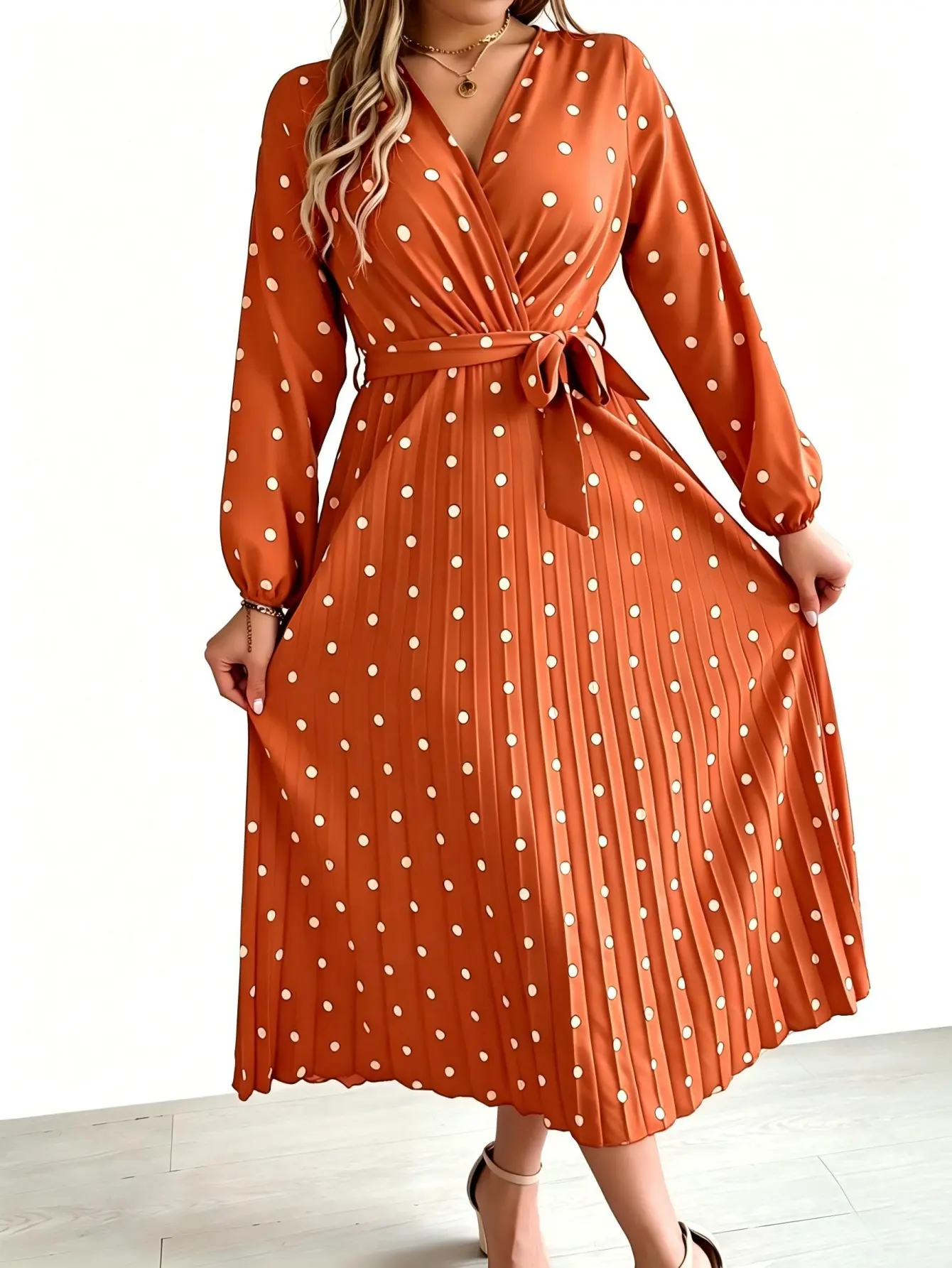 Women's 100% Poly Bridesmaid Dress - Vintage Sun Style, Cross V-Neck, Contrast Polka Dot, Sweet Lantern Long Sleeve, Pleated High Waist, Pullover Flowy Skirt with Wing Accents, Easy to Care For, Spring Summer Wedding Attire, Wrap, Matching, Print, Cuffed,