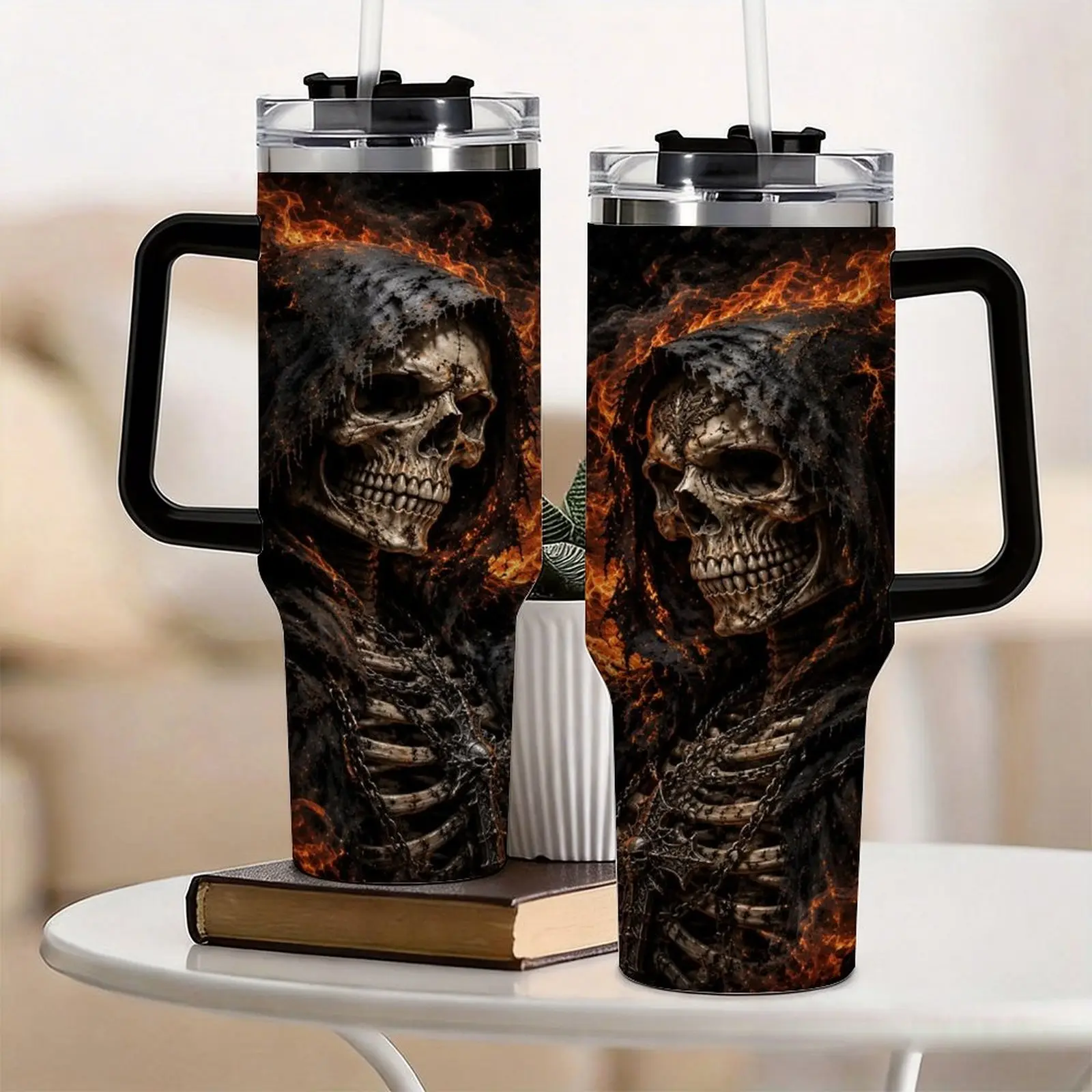 40oz Skull Tumbler with Handle | Flaming Grim Reaper Dual Skeleton Design | Gothic Horror Insulated Travel Mug | Dark Aesthetic Biker Cup for Men Women | Leak Proof Stainless Steel Cup