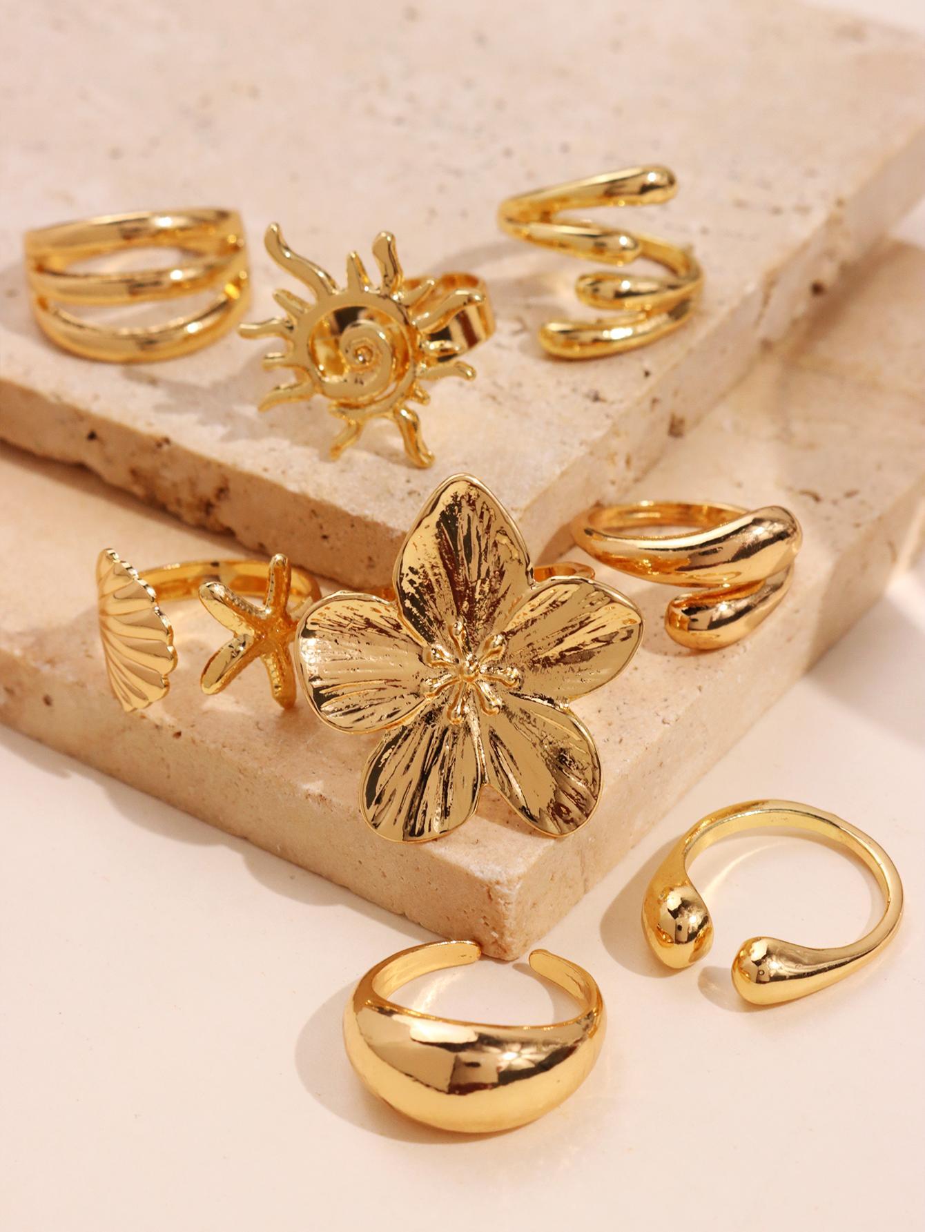 8-piece set: fashionable, bold, unique, high-end, elegant, refined, sparkling, chic, versatile, luxurious jewelry set featuring sunflower and seashell motifs with irregular geometric cutout designs—rings for women’s everyday wear, holiday parties, and sum