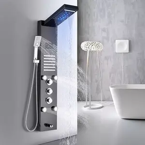 Stainless Steel Shower Panel Tower LED Head Shower Faucet Rain Massage System with Body Jets, Black